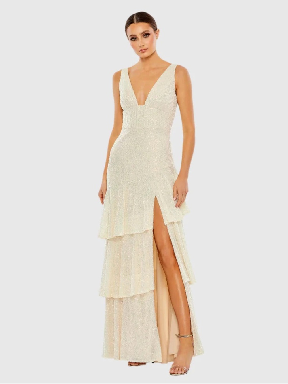 Mac Duggal Iridescent Sequin Tiered Ruffle Maxi Dress